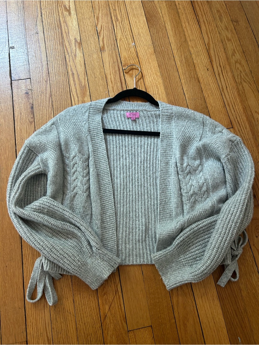 Light Gray Open Front Cable Sleeve Sweater Cardigan